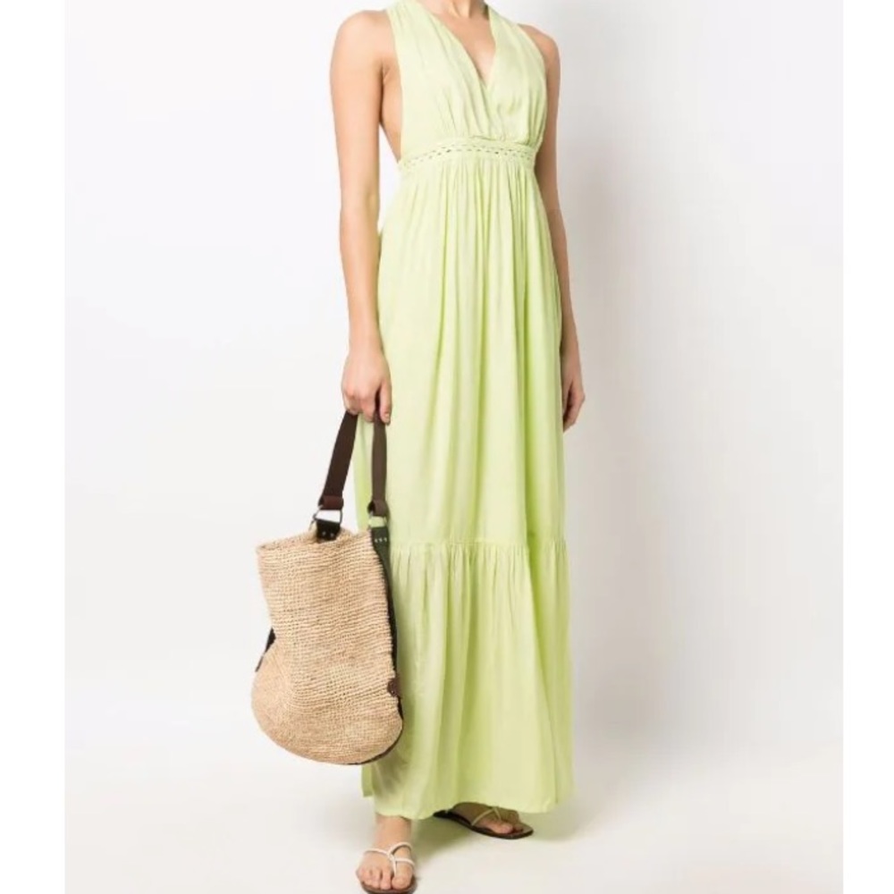 Scotch & Soda Lime Green Maxi Dress Halter Strap Crossback Tiered Ruffle NWT